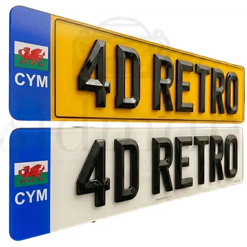 4D RETRO NUMBER PLATES in MATT and GLOSS BEVELLED DIAMOND PAIR - 100% ROAD LEGAL