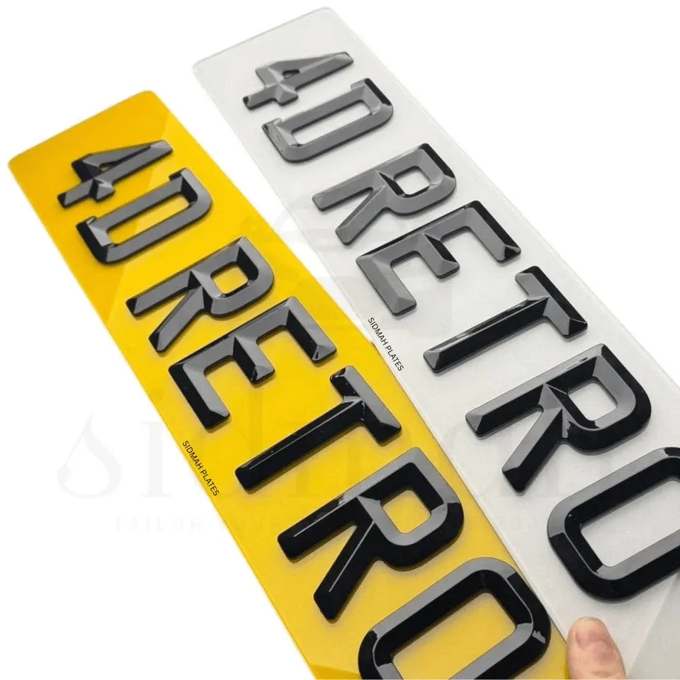 4D RETRO NUMBER PLATES in MATT and GLOSS BEVELLED DIAMOND PAIR - 100% ROAD LEGAL