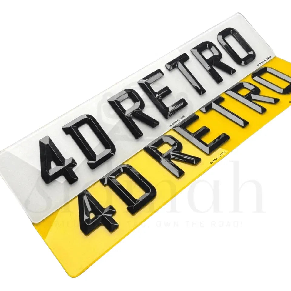 4D RETRO NUMBER PLATES in MATT and GLOSS BEVELLED DIAMOND PAIR - 100% ROAD LEGAL