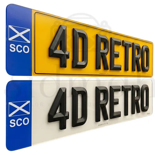 4D RETRO NUMBER PLATES in MATT and GLOSS BEVELLED DIAMOND PAIR - 100% ROAD LEGAL