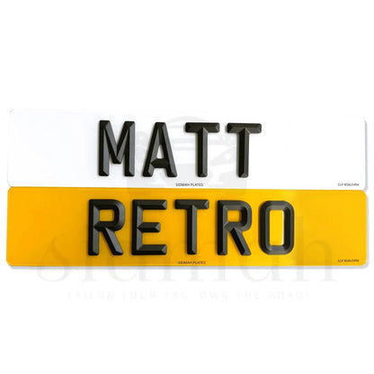 4D RETRO NUMBER PLATES in MATT and GLOSS BEVELLED DIAMOND PAIR - 100% ROAD LEGAL